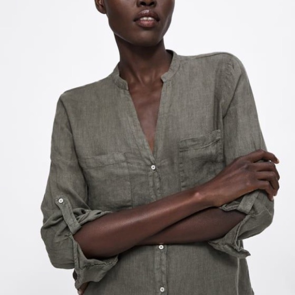 Zara Khaki Casual Shirt 100% linen